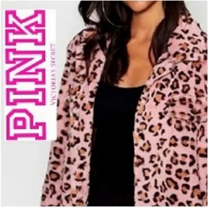 V.S..PINK " Know One Cares" Leopard Print Faux Fur Semi Cropped Jacket (Pink)-L